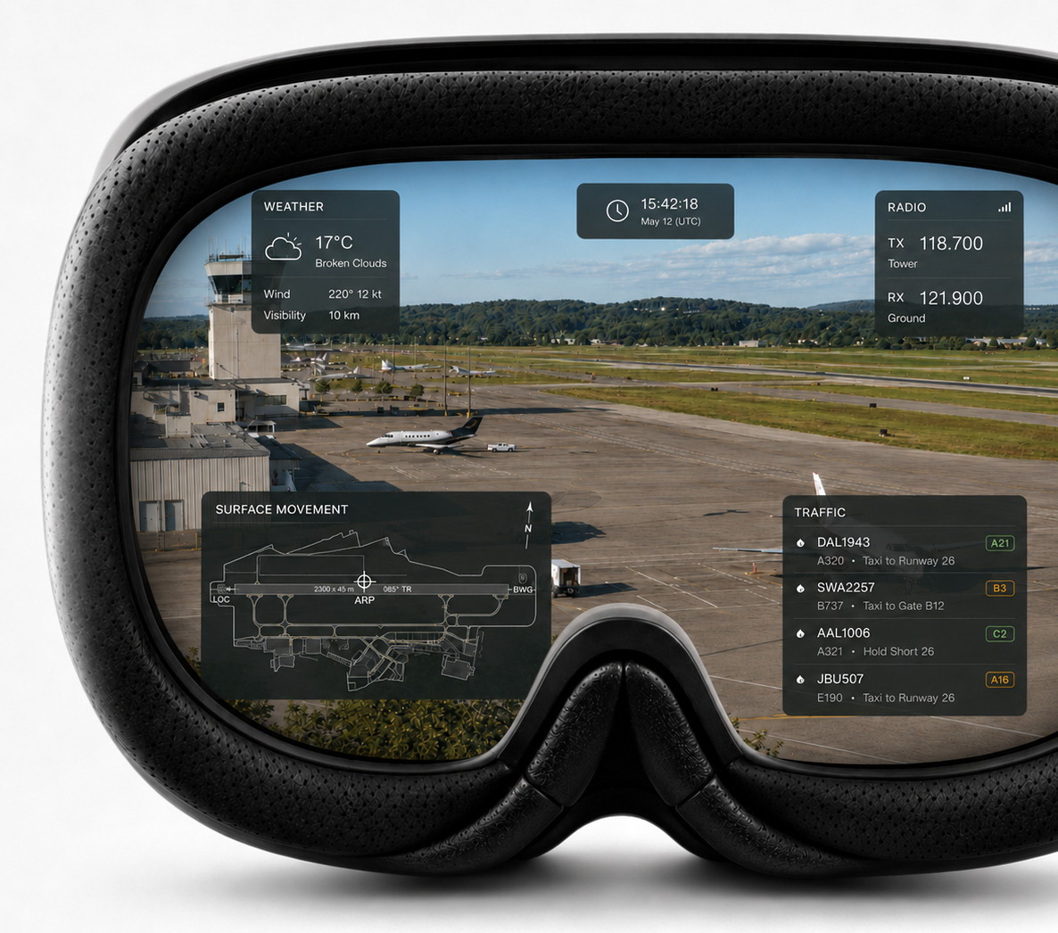 VisionATS headset showing the virtual tower workspace: the live view from the tower across the apron, with weather, radio, surface movement and traffic panels placed in the operator's field of view