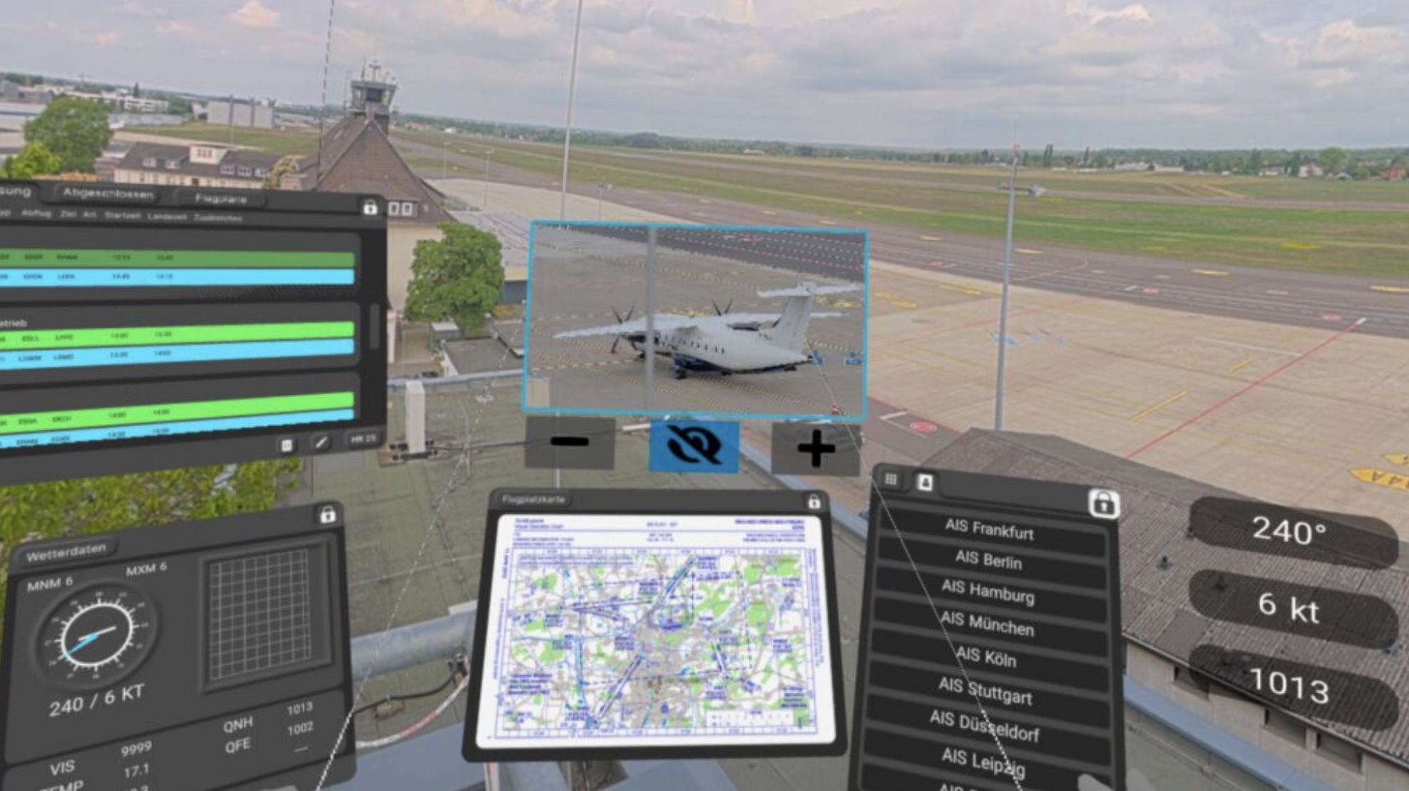 VisionATS virtual tower workspace showing flight strip board, airfield map and AIS panel